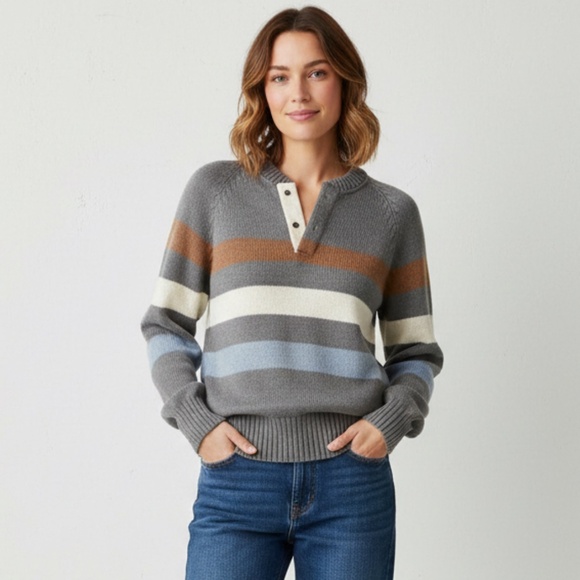 Vintage Bay Club Striped Wool Quarter Button Sweater, Small - Picture 1 of 9